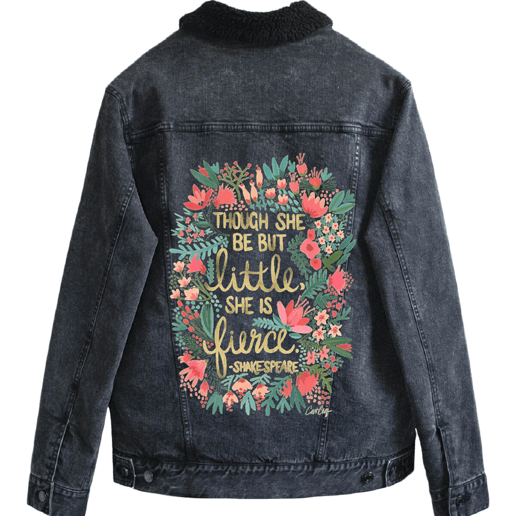 sherpa lined black Denim jacket with floral design with Shakespears quote "Though She Be But Little, She is Fierce" printed by DenimINK. little-and-fierce-catcoq-sherpa-lined-denim-jacket-black-mockup
