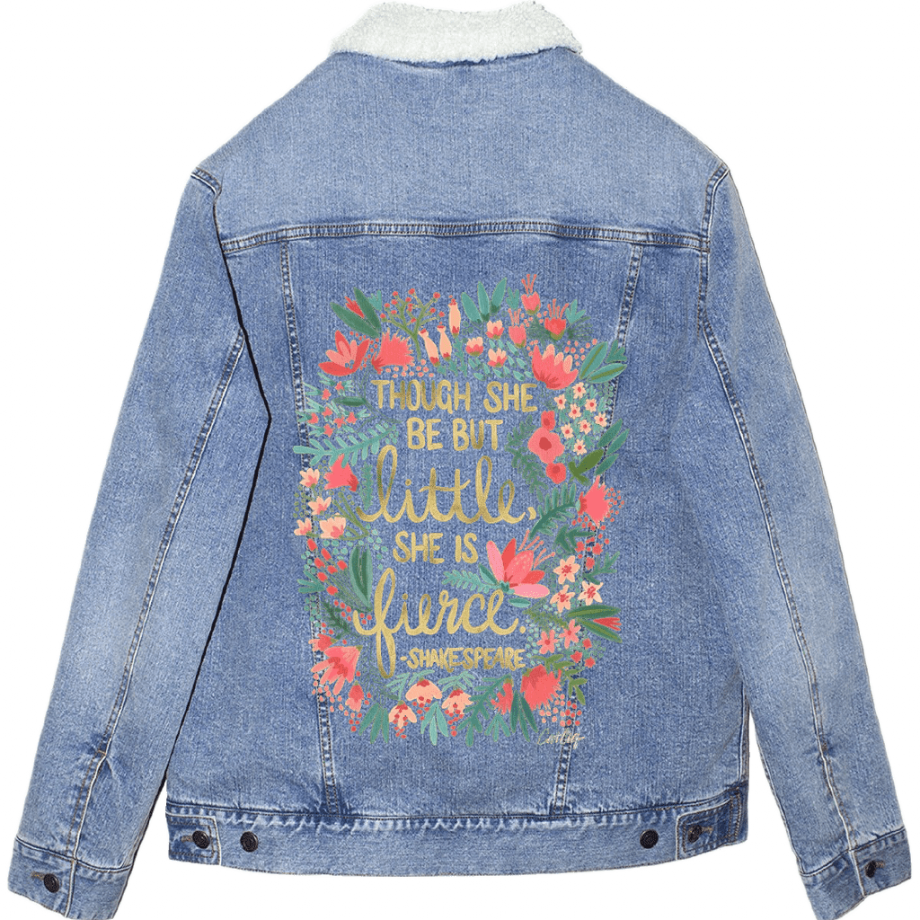 sherpa lined denim jacket with floral print with Shakespears text "Though She Be But Little, She is Fierce" printed by DenimINK. little-and-fierce-catcoq-sherpa-lined-jacket-stonewash-mockup