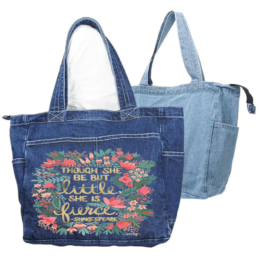 Denim tote bag with floral designwith Shakespears quote "Though She Be But Little, She is Fierce" printed by DenimINK. Little and Fierce by CatCoq on a denim tote bag mockup.