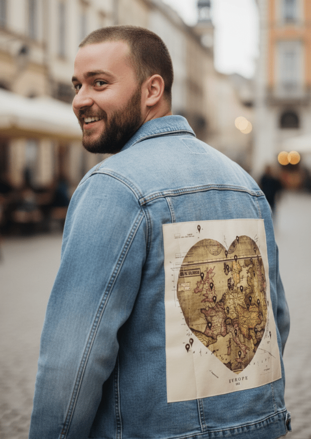 LOVE BY TRAVEL by TOBE FONSECA, digitally printed on DENIM products: throw pillows, aprons, table place mats, and hand-crafted Unisex Denim Jackets in 3 color choices