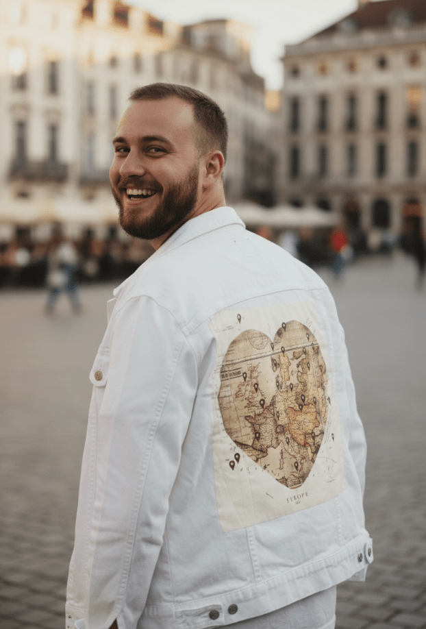 LOVE BY TRAVEL by TOBE FONSECA, digitally printed on DENIM products: throw pillows, aprons, table place mats, and hand-crafted Unisex Denim Jackets in 3 color choices