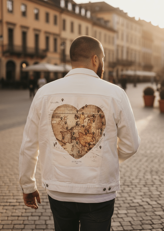 LOVE BY TRAVEL by TOBE FONSECA, digitally printed on DENIM products: throw pillows, aprons, table place mats, and hand-crafted Unisex Denim Jackets in 3 color choices