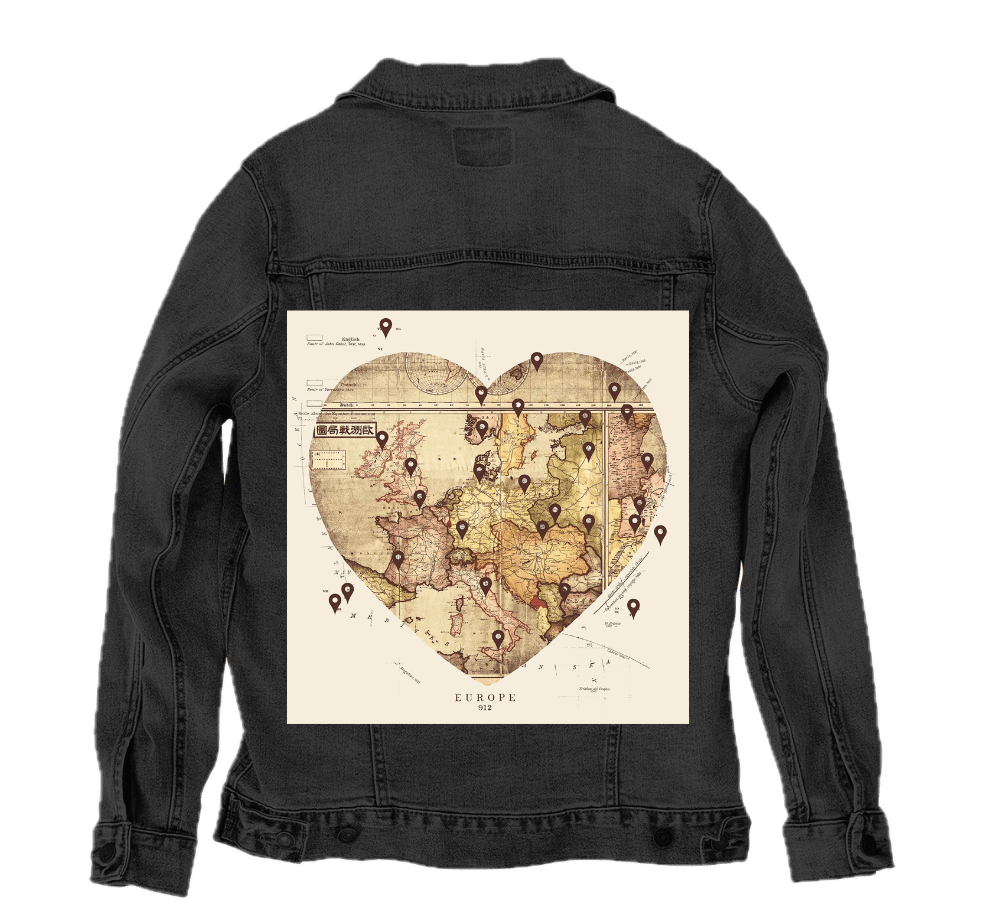 LOVE BY TRAVEL by TOBE FONSECA, digitally printed on DENIM products: throw pillows, aprons, table place mats, and hand-crafted Unisex Denim Jackets in 3 color choices