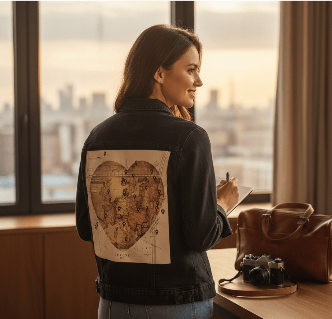 LOVE BY TRAVEL by TOBE FONSECA, digitally printed on DENIM products: throw pillows, aprons, table place mats, and hand-crafted Unisex Denim Jackets in 3 color choices