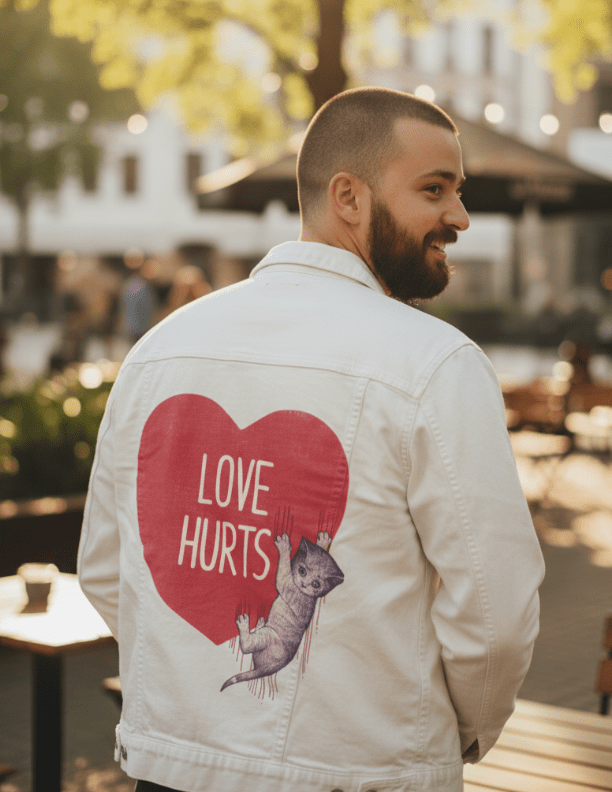 LOVE HURTS by TOBE FONSECA, digitally printed on DENIM products: throw pillows, aprons, table place mats, and hand-crafted Unisex Denim Jackets in 3 color choices