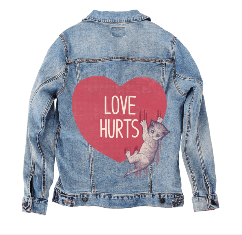LOVE HURTS by TOBE FONSECA, digitally printed on DENIM products: throw pillows, aprons, table place mats, and hand-crafted Unisex Denim Jackets in 3 color choices