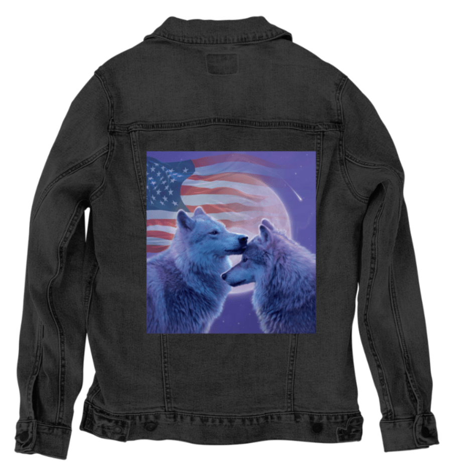 LOVING WOLVES by VINCENT HIE, printed on denim jackets and other denim products: tote bags, throw pillows, table place mats, aprons