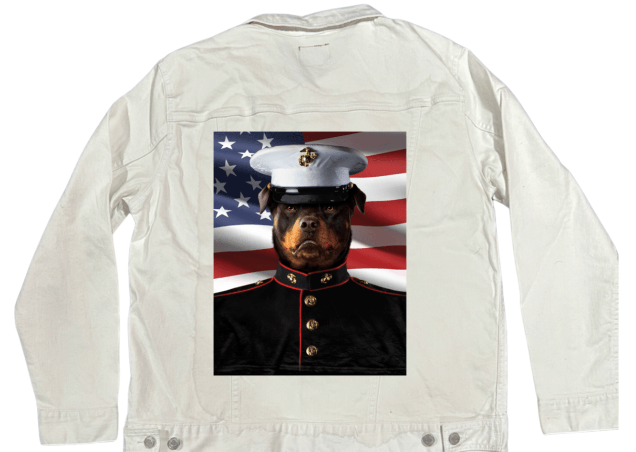 MARINE by VINCENT HIE, printed on denim jackets and other denim products: tote bags, throw pillows, table place mats, aprons