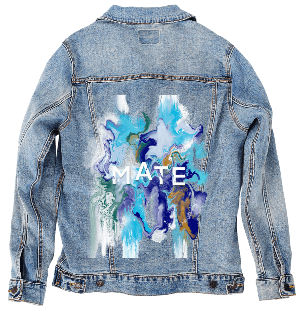 MATE OCEAN MARBLE by RaMir DESIGNS, printed on denim jackets and other denim products: tote bags, throw pillows, table place mats, aprons