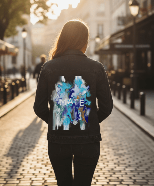 MATE OCEAN MARBLE by RaMir DESIGNS, printed on denim jackets and other denim products: tote bags, throw pillows, table place mats, aprons