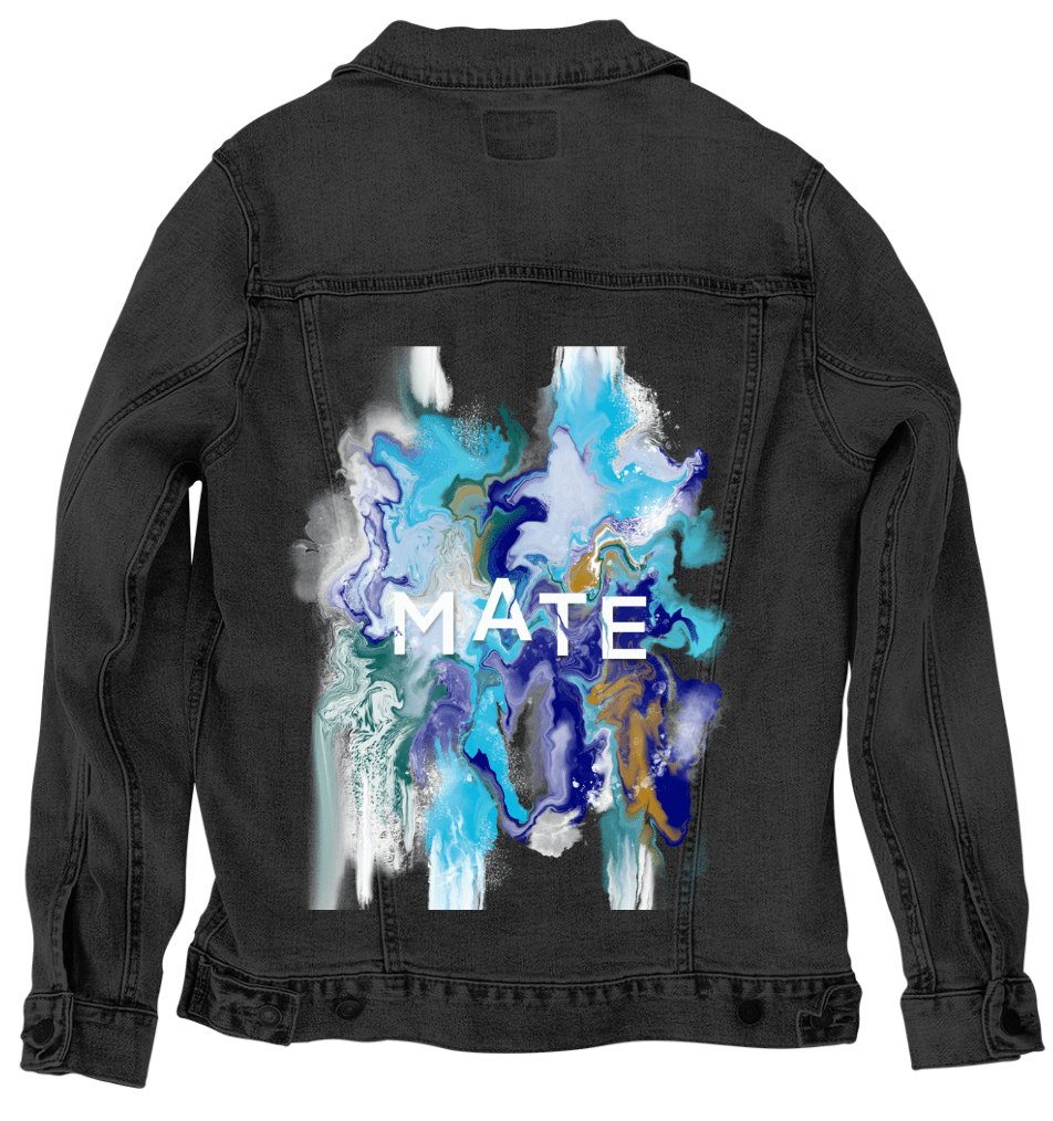 MATE OCEAN MARBLE by RaMir DESIGNS, printed on denim jackets and other denim products: tote bags, throw pillows, table place mats, aprons