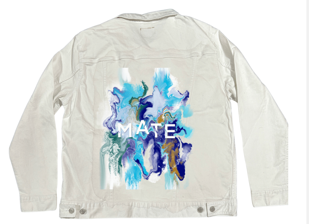 MATE OCEAN MARBLE by RaMir DESIGNS, printed on denim jackets and other denim products: tote bags, throw pillows, table place mats, aprons