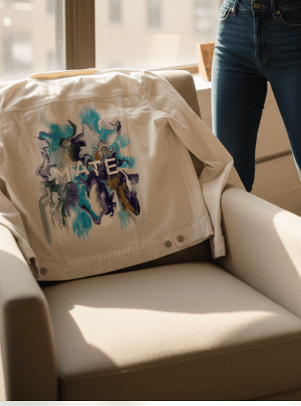 MATE OCEAN MARBLE by RaMir DESIGNS, printed on denim jackets and other denim products: tote bags, throw pillows, table place mats, aprons