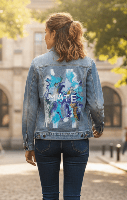 MATE OCEAN MARBLE by RaMir DESIGNS, printed on denim jackets and other denim products: tote bags, throw pillows, table place mats, aprons