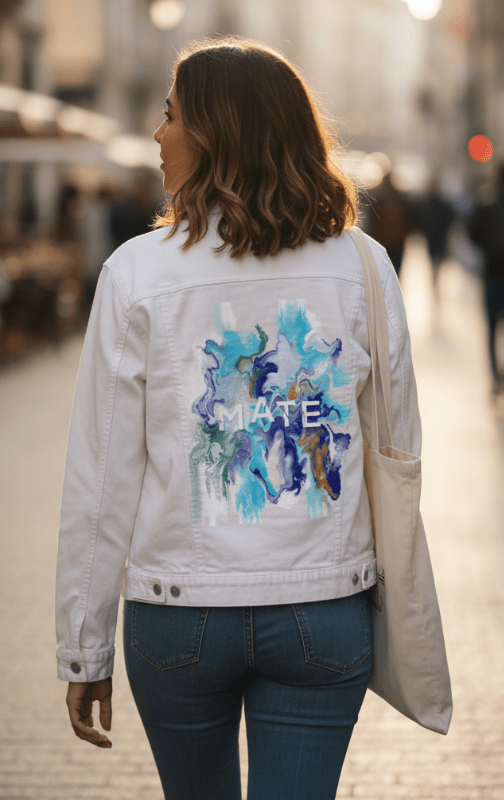 MATE OCEAN MARBLE by RaMir DESIGNS, printed on denim jackets and other denim products: tote bags, throw pillows, table place mats, aprons