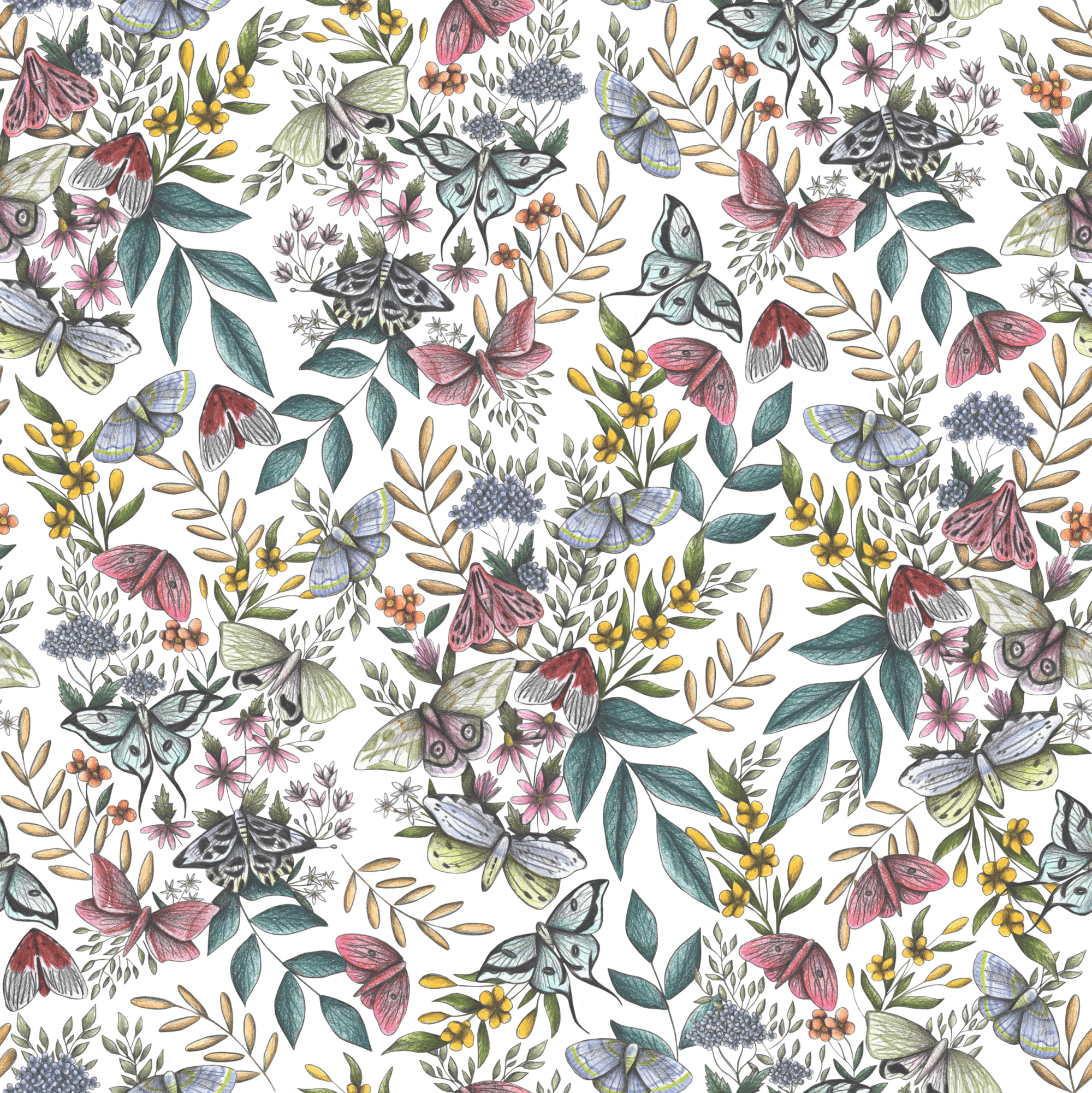 illustration of a dense nighttime garden filled with hand-drawn moths, delicate wildflowers, curling leaves & berries in soft, shadowy hues. the moths—drawn with papery wings—flutter across a dark background in dusty pinks, sage, pale cream, and lavender. between them, clusters of tiny blossoms, golden berries, and slender branches fill every inch of space, like overgrown foliage lit by moonlight. this artwork is titled “Midnight Garden” and created by Cecilia Battaini, printed on denim products by DenimINK