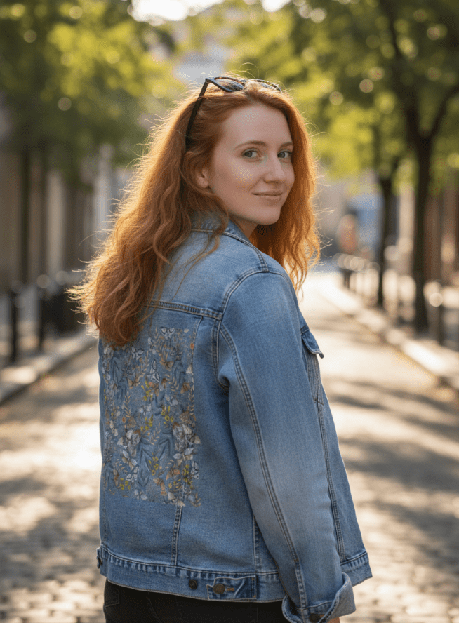 back view of a model walking along a sunlit cobblestone street wearing a stonewashed denim jacket printed with a botanical moth design. the artwork “Midnight Garden” by Cecilia Battaini features delicate pastel moths floating among golden berries, wildflowers & soft forest leaves. the design is digitally printed on the jacket’s back panel by DenimINK.