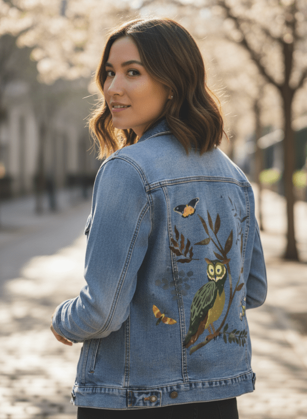MOONLIT OWL by thearticsoul, printed on denim jackets and other denim products: tote bags, throw pillows, table place mats, aprons