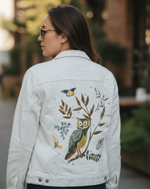 MOONLIT OWL by thearticsoul, printed on denim jackets and other denim products: tote bags, throw pillows, table place mats, aprons