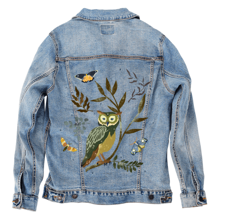 MOONLIT OWL by thearticsoul, printed on denim jackets and other denim products: tote bags, throw pillows, table place mats, aprons