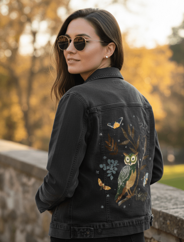 MOONLIT OWL by thearticsoul, printed on denim jackets and other denim products: tote bags, throw pillows, table place mats, aprons