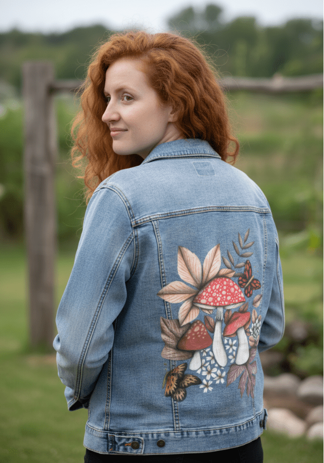 back view of a model standing near a wooden fence in an open grassy meadow, wearing a stonewashed denim jacket printed with an illustration of red forest mushrooms framed by delicate blossoms, pale brown leaves, and butterflies in mid-flight. soft overcast lighting enhances the vintage tone of the artwork. the artwork “Mushroom Magic 1” by Cecilia Battaini is digitally printed on the jacket’s back panel by DenimINK.