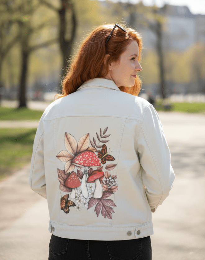 back view of a model walking along a paved path in a sunny city park, wearing a white denim jacket featuring red-capped mushrooms, delicate white blossoms, scattered autumn leaves, and two butterflies in warm orange & brown tones. bright daylight casts soft shadows that enhance the print’s earthy tones. the artwork “Mushroom Magic 1” by Cecilia Battaini is digitally printed on the jacket’s back panel by DenimINK.