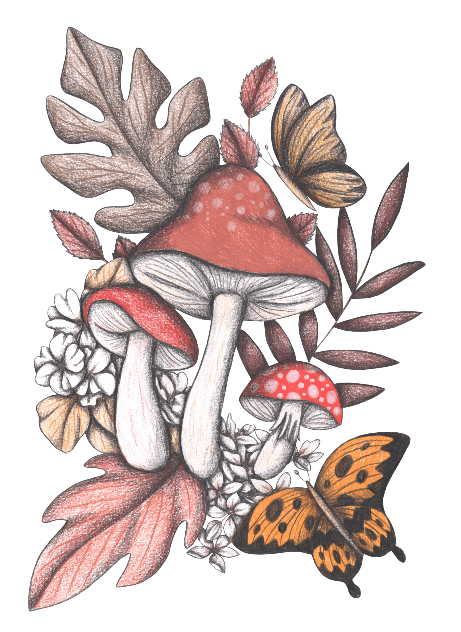 illustration of a woodland cluster featuring red-capped mushrooms with white speckles, surrounded by fallen leaves, white blossoms, & a golden butterfly in flight. soft pencil shading and muted colors—burnt orange, creamy beige, dusty pink & ochre—give the design a delicate, storybook quality. this artwork is titled “Mushroom Magic 2” and created by Cecilia Battaini, printed on denim products by DenimINK.