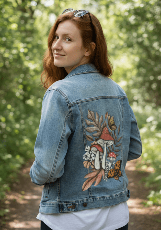 three-quarter rear view of a model walking a wooded path surrounded by summer greenery while wearing a stonewashed denim jacket featuring forest mushrooms, scattered leaves, and a golden butterfly in mid-flight. filtered light flickers through the canopy above, enhancing the soft vintage palette of red, ochre, and ivory. the artwork “Mushroom Magic 2” by Cecilia Battaini is digitally printed on the jacket’s back panel by DenimINK.
