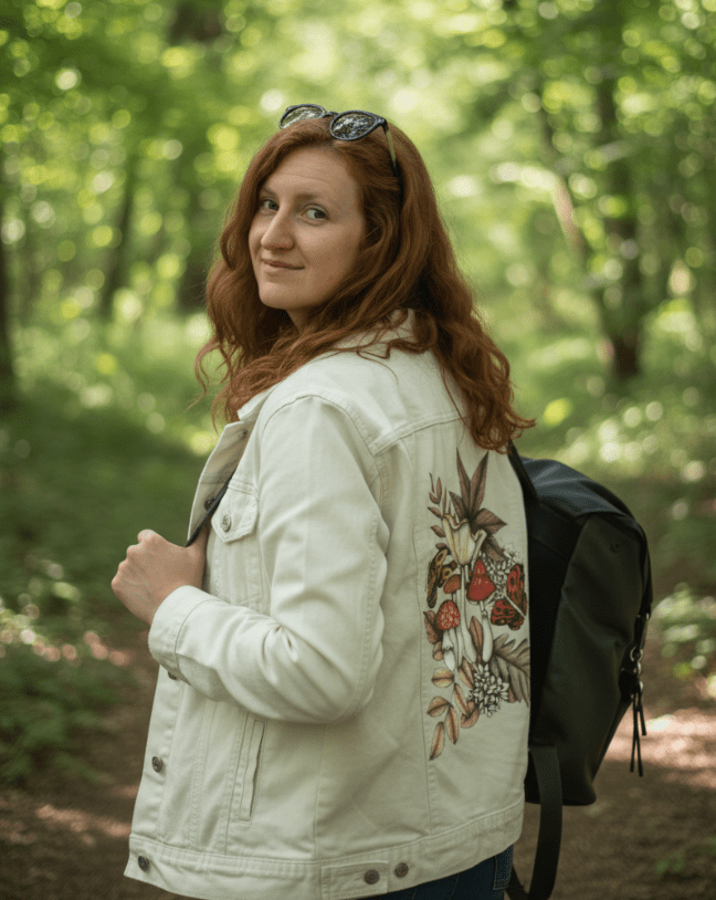 three-quarter rear view of a model walking through a sun-dappled forest trail, wearing a white denim jacket with a backpack. the back panel features a delicate woodland composition of pale toadstools, falling leaves, ivory blossoms, & two warm-toned butterflies in flight. the artwork “Mushroom Magic 3” by Cecilia Battaini is digitally printed on the jacket’s back panel by DenimINK.