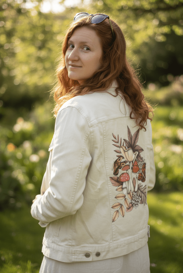 three-quarter rear view of a model walking through a soft garden landscape at golden hour, wearing a white denim jacket. on the back panel is a dreamy hand-drawn cluster of warm red toadstools, creamy wildflowers, pale leaves, & two butterflies with golden & rust-toned wings. the artwork “Mushroom Magic 3” by Cecilia Battaini is digitally printed on the jacket’s back panel by DenimINK.