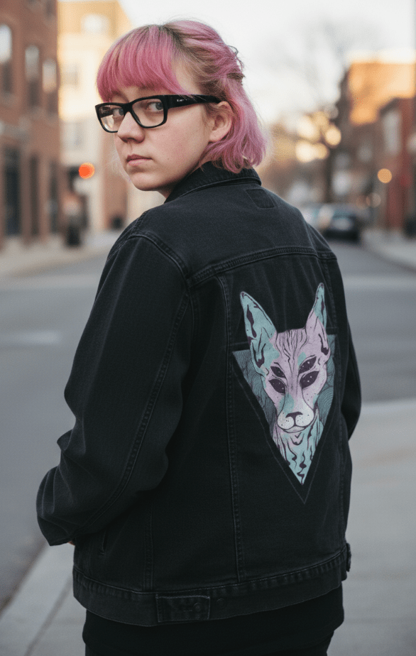 MYSTIC SPHINX by JESS ADAMS, digitally printed on DENIM products: throw pillows, aprons, table place mats, and hand-crafted Unisex Denim Jackets in 3 color choices