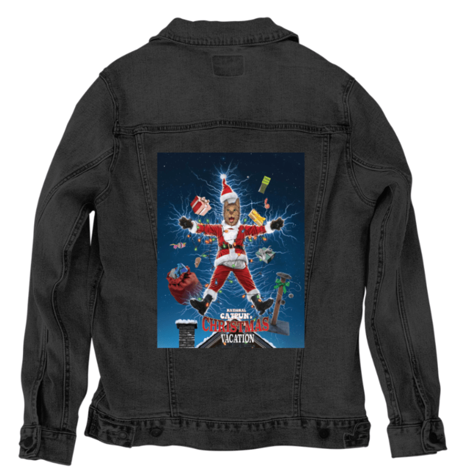 NATIONAL CATPUN'S CHRISTMAS VACATION by VINCENT HIE, printed on denim jackets and other denim products: tote bags, throw pillows, table place mats, aprons