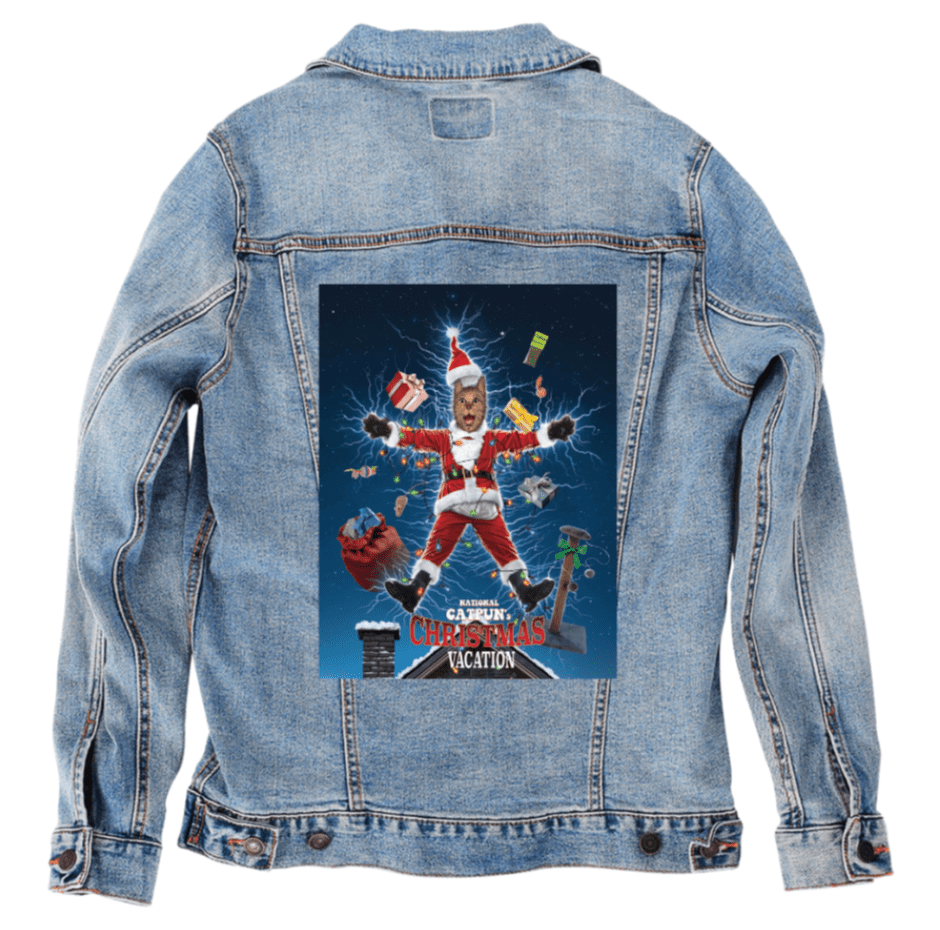 NATIONAL CATPUN'S CHRISTMAS VACATION by VINCENT HIE, printed on denim jackets and other denim products: tote bags, throw pillows, table place mats, aprons