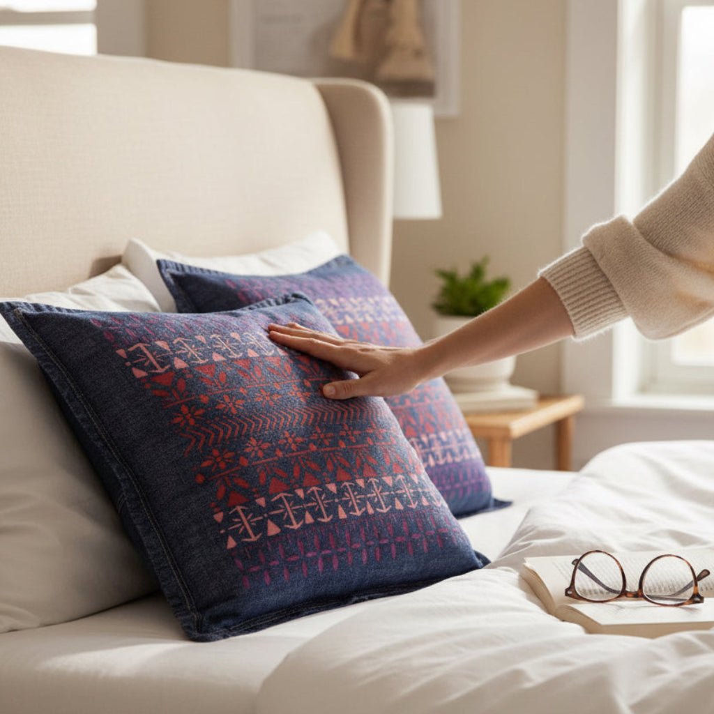 Person arranging patterned cushions on a bed in a bright bedroom. a vertically aligned Scandinavian folk pattern "Norwegian Pattern" by CatCoq made of repeating geometric rows including tulip shapes, arrows, diamonds, snowflakes & stylized trees. the hand-painted elements fade from deep violet at the top to coral & rust red toward the center, then shift to pink & purple again. printed by DenimINK