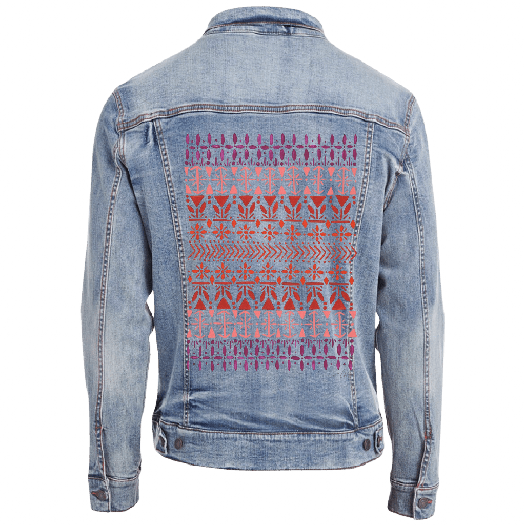 stonewashed Denim jacket a vertically aligned Scandinavian folk pattern "Norwegian Pattern" by CatCoq made of repeating geometric rows including tulip shapes, arrows, diamonds, snowflakes & stylized trees. the hand-painted elements fade from deep violet at the top to coral & rust red toward the center, then shift to pink & purple again. printed by DenimINK