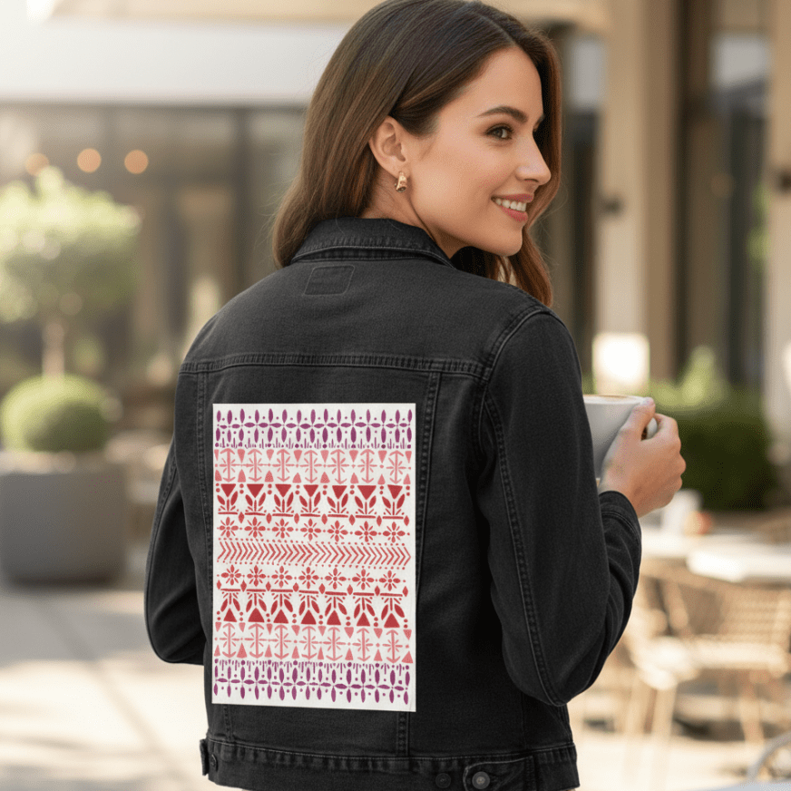 three-quarter rear view of a smiling model seated at an outdoor café table, holding a white ceramic mug. they wear a black denim jacket featuring the “Norwegian Pattern” by CatCoq. the back panel shows symmetrical folk motifs including tulips, chevrons & stars in red, orange & violet. soft morning light brightens the courtyard scene. printed by DenimINK.