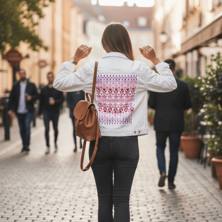 rear view of a model walking on a cobblestone pedestrian street, arms lifted playfully. the white denim jacket features the “Norwegian Pattern” by CatCoq, a vertical print of hand-painted rows of tulips, snowflakes, & geometric Nordic elements in blush, coral & lavender. a brown leather backpack hangs from one shoulder. printed by DenimINK.