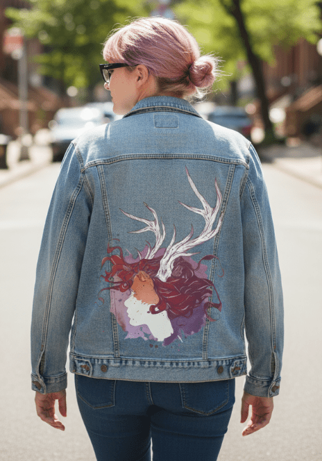 PAGAN QUEEN by JESS ADAMS, digitally printed on DENIM products: throw pillows, aprons, table place mats, and hand-crafted Unisex Denim Jackets in 3 color choices
