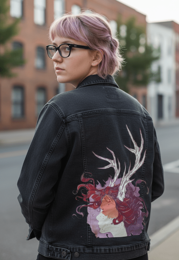 PAGAN QUEEN by JESS ADAMS, digitally printed on DENIM products: throw pillows, aprons, table place mats, and hand-crafted Unisex Denim Jackets in 3 color choices