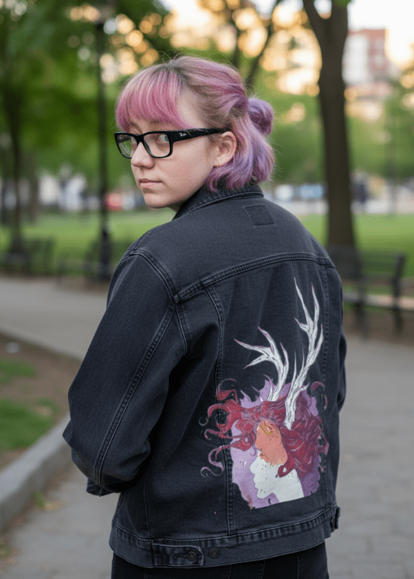 PAGAN QUEEN by JESS ADAMS, digitally printed on DENIM products: throw pillows, aprons, table place mats, and hand-crafted Unisex Denim Jackets in 3 color choices