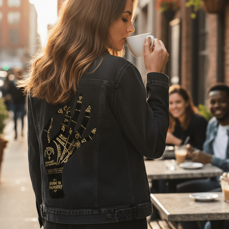 side view of a smiling model seated outdoors at a café table, wearing a stonewashed denim jacket printed with the “Palmistry” design by CatCoq. the back panel displays a black palm filled with gold linework & mystical symbols denoting planets, signs & hand lines. the model rests one hand on a closed book beside a coffee cup. cobblestone street & sunlight frame the warm, relaxed setting. printed by DenimINK.
