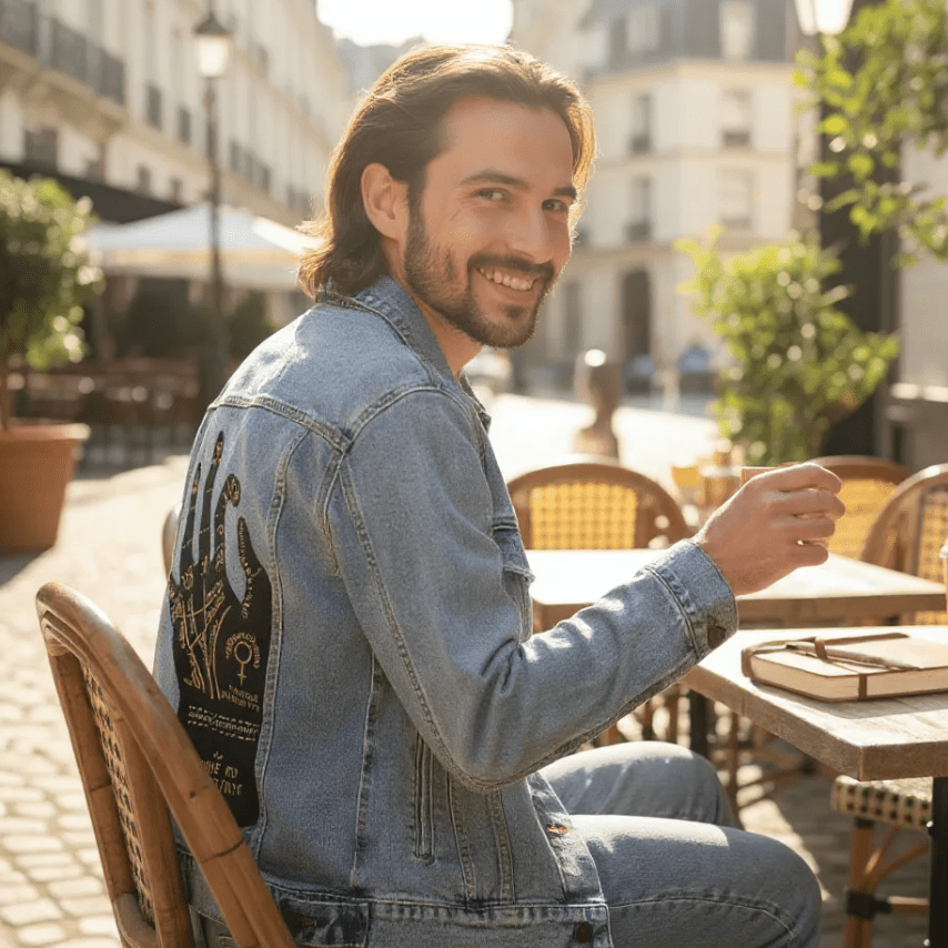side view of a smiling model seated outdoors at a café table, wearing a stonewashed denim jacket printed with the “Palmistry” design by CatCoq. the back panel displays a black palm filled with gold linework & mystical symbols denoting planets, signs & hand lines. the model rests one hand on a closed book beside a coffee cup. cobblestone street & sunlight frame the warm, relaxed setting. printed by DenimINK.