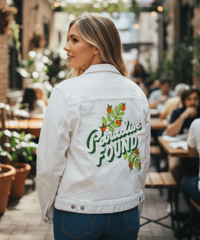PARADISE FOUND by IndySign, printed on denim jackets and other denim products: tote bags, throw pillows, table place mats, aprons