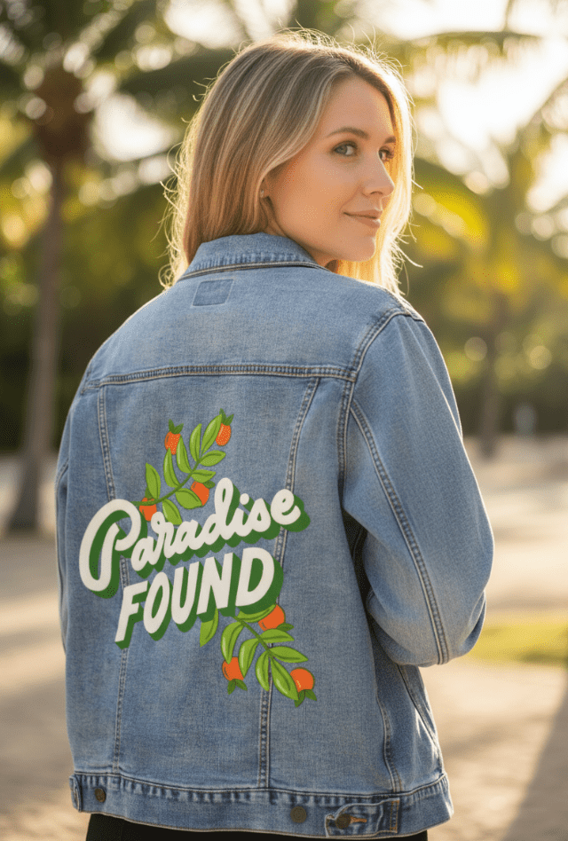 PARADISE FOUND by IndySign, printed on denim jackets and other denim products: tote bags, throw pillows, table place mats, aprons