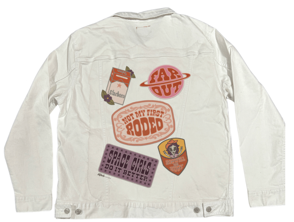 PATCHES ALL NoBG by KITSCH AND CURATE,printed by DenimINK on hand-crafted Denim Jackets and other denim products and other denim products: tote bags, throw pillows, table place mats, aprons