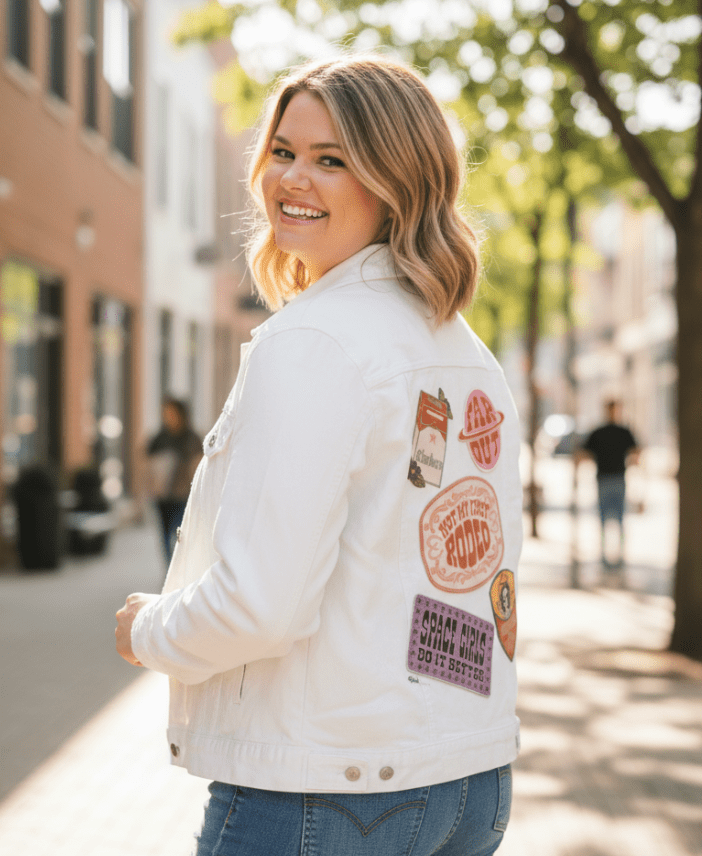 PATCHES ALL NoBG by KITSCH AND CURATE,printed by DenimINK on hand-crafted Denim Jackets and other denim products and other denim products: tote bags, throw pillows, table place mats, aprons