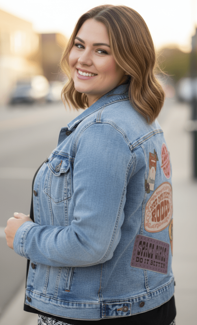 PATCHES ALL NoBG by KITSCH AND CURATE,printed by DenimINK on hand-crafted Denim Jackets and other denim products and other denim products: tote bags, throw pillows, table place mats, aprons