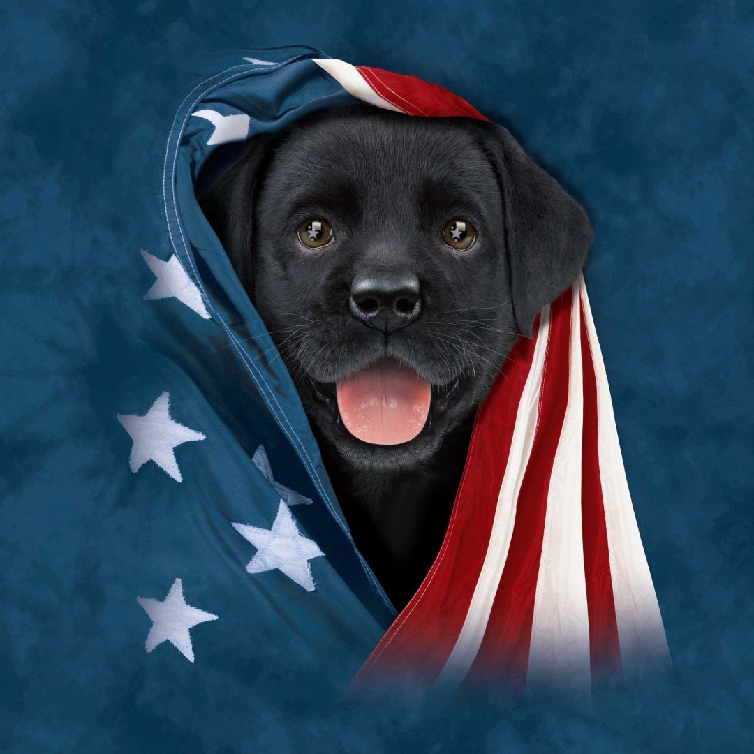 PATRIOTIC BLACK LAB PUPPY by VINCENT HIE, printed on denim jackets and other denim products: tote bags, throw pillows, table place mats, aprons