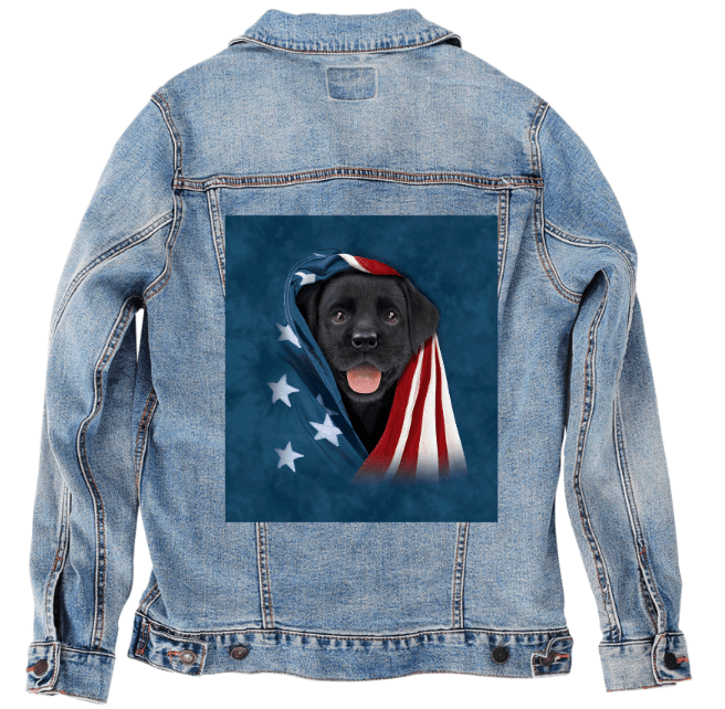 PATRIOTIC BLACK LAB PUPPY by VINCENT HIE, printed on denim jackets and other denim products: tote bags, throw pillows, table place mats, aprons